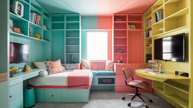 Dormitorio juvenil con cama elevada y estanterías integradas.