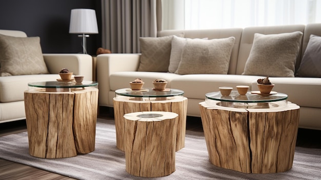 Mesas auxiliares de cristal y metal en disposición asimétrica.