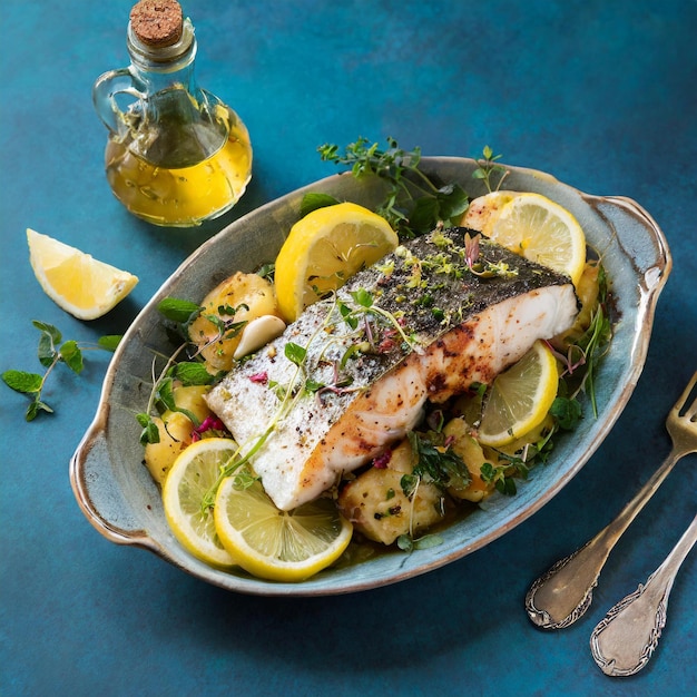 Grilled sea bass served with citrus and fennel.
