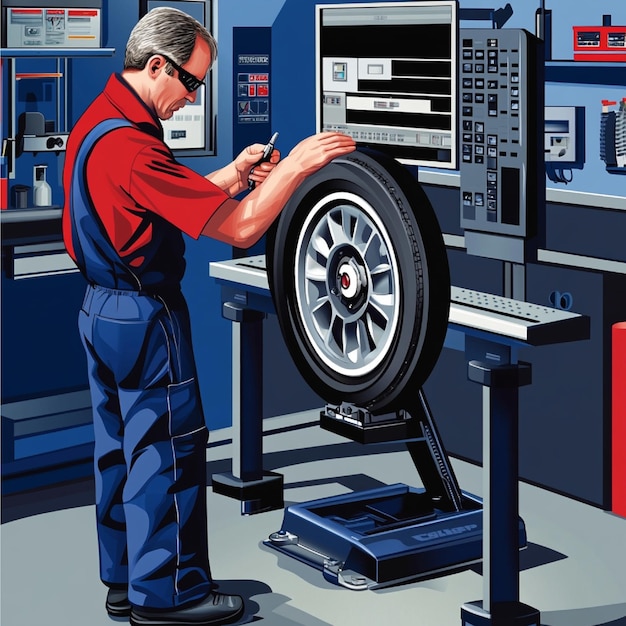 Technician rotating tires on a car jack in repair bay.