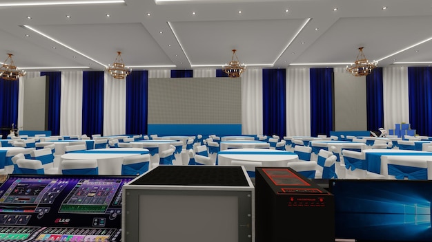 Professional AV equipment including projectors and microphones on a conference stage.