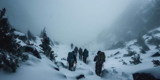 Adventurers hiking up a steep mountain path amid dramatic rocky landscapes.