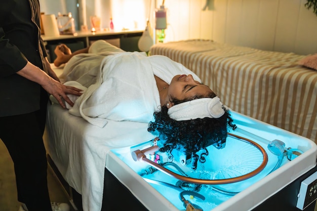 Deep conditioning hair treatment in progress.