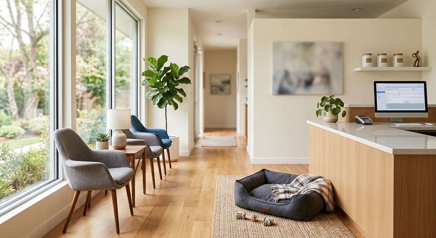 A clean and welcoming modern veterinary waiting room with a cozy pet bed and professional equipment.