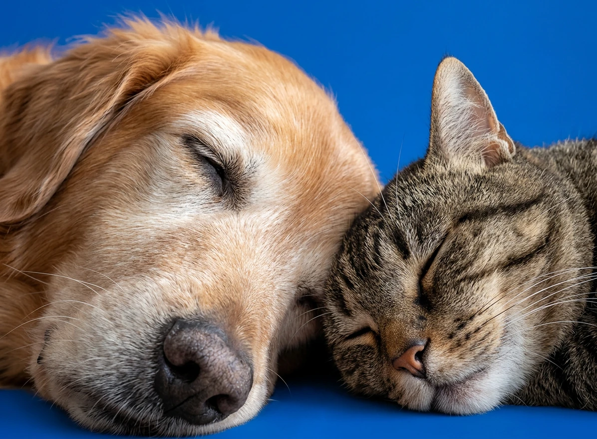 A high-quality, realistic photograph of a golden retriever and a tabby cat
sleeping peacefully together against a vibrant blue background.